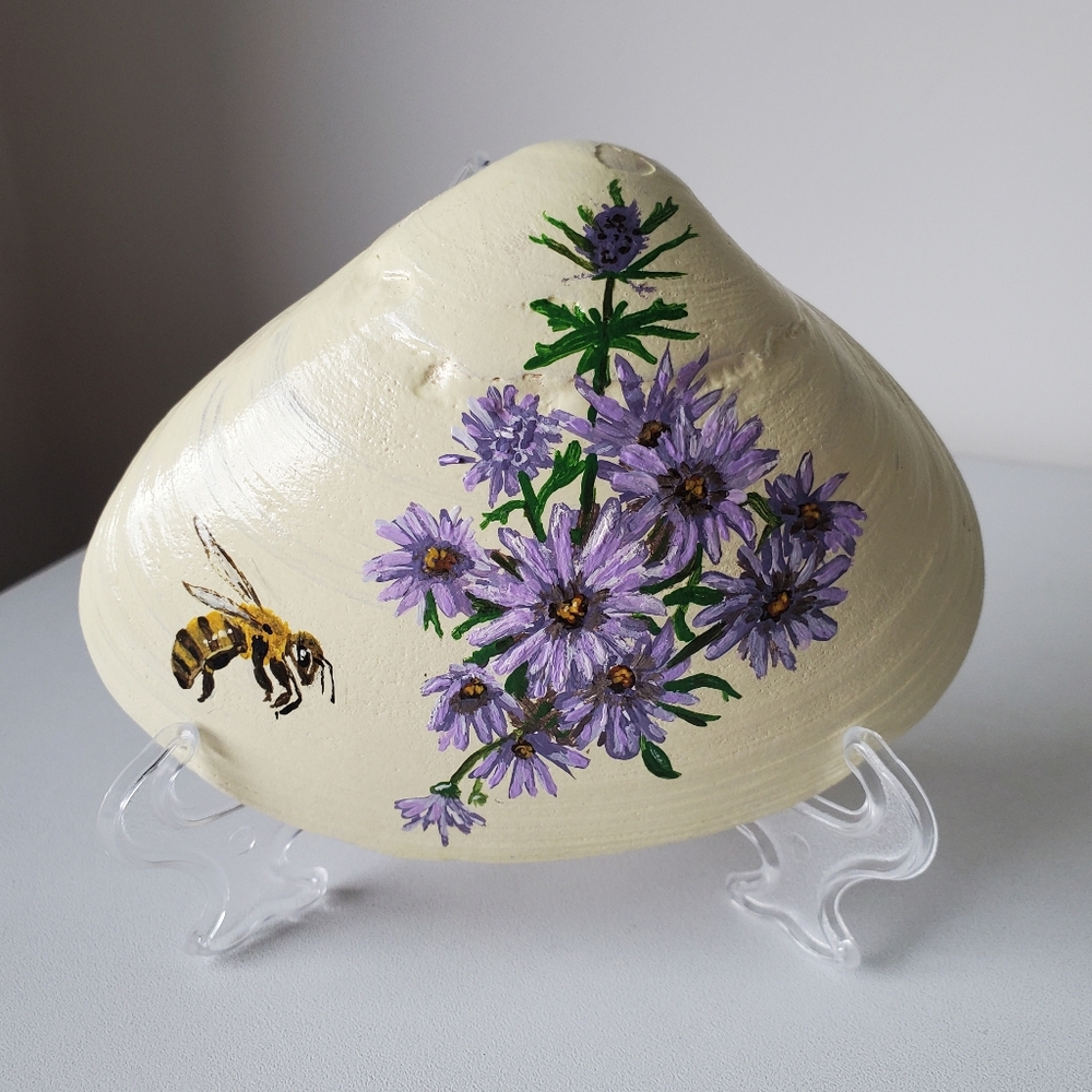 Original Honey Bee & Purple Flowers Hand-Painted 4.75" Cottagecore Seashell